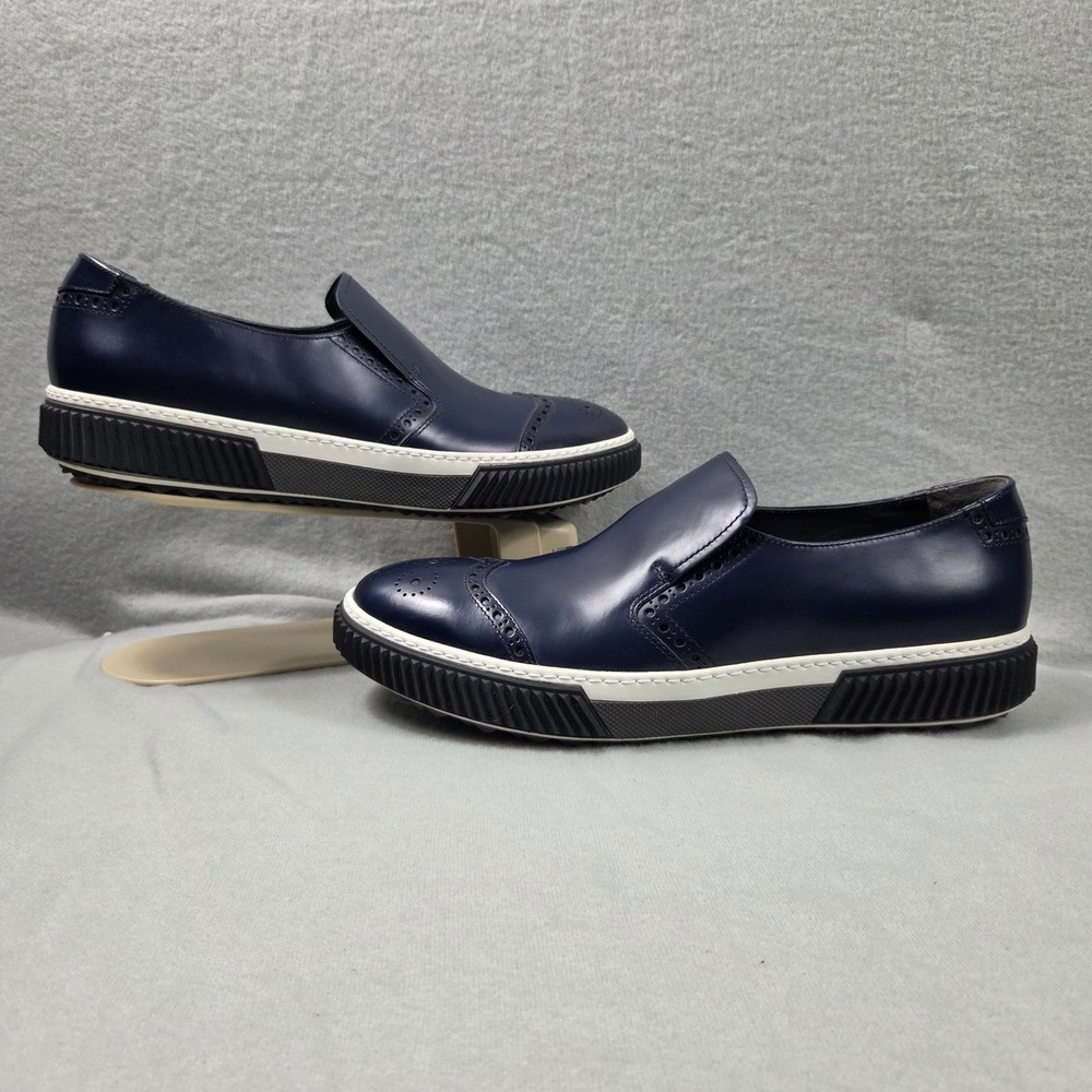 Prada Loafers Mens 9.5 Navy Blue Excellent Wingtip Brogue Slip On 4D 3115